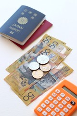 Passport, money and calculator