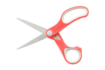 Red plastic handle opened scissors on white background.