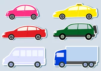 Papier Peint photo autocollant Course de voitures ensemble de transport avec silhouette colorée de voiture, camion et minibus