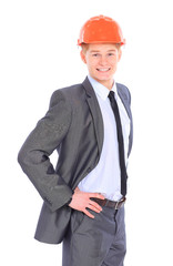 Serious architect man standing isolated on white