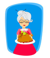 grandma with a delicious roasted and big turkey