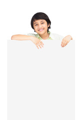 Happy boy with the empty blank, Isolated over white background