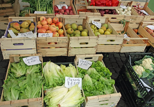 Fruit Crates On Sale Vegetable Market With Vegetables