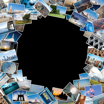Round stack of travel images from the world with copy space