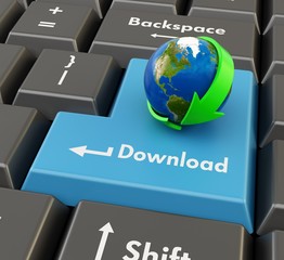 Fototapeta premium 3d keyboard button with globe and green arrow - download concept