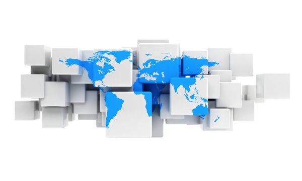 abstract 3d blue map on cubes - business concept