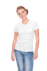Obraz premium woman in white t-shirt posing in studio