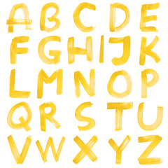 High resolution yellow hand painted font set isolated on white