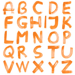 High resolution orange hand painted font set isolated on white