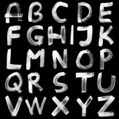 High resolution white hand painted font set isolated on black