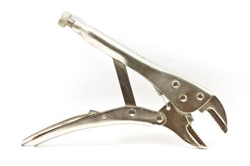 Metal locking plier jaw on white background.
