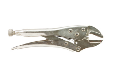 Metal locking plier jaw on white background.