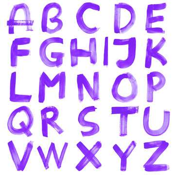High resolution purple hand painted font set isolated on white