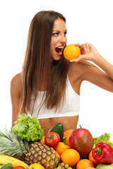 beautiful young woman with fruits and vegetables, isolated