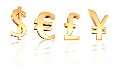 dollar euro pound yen signs 3d on white