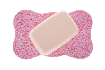 Bath sponge and a soap bar isolated on a white background