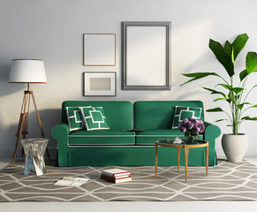 Contemporary elegant green sofa, fresh living room