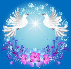 Two doves and flowers