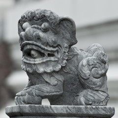 Obraz premium Stone Lion sculpture, symbol of protection & power in Oriental A