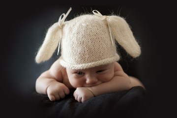 cute newborn baby bunny in the cap on a black background