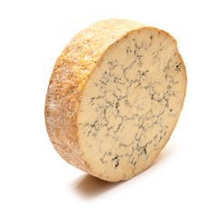 Stilton cheese isolated on a white studio background.