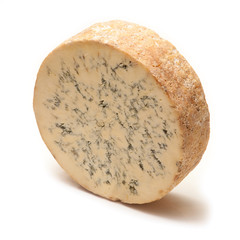 Stilton cheese isolated on a white studio background.