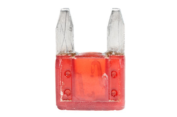 Blown car fuse on white background.