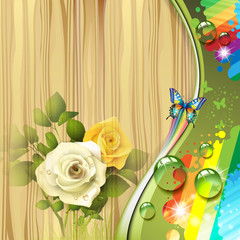 Wood background with roses and drops