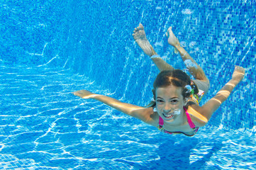 Happy underwater child in swimming pool,kids sport