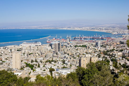 View from Mount Carmel to port and Haifa in Israel