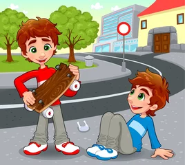 Möbelaufkleber Twins with an homemade skateboard. Vector illustration. © ddraw