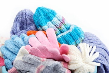 Winter accessory collection. Hat, scarf and mittens, isolated on