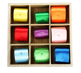 bright silk ribbons  in wooden box, isolated on white