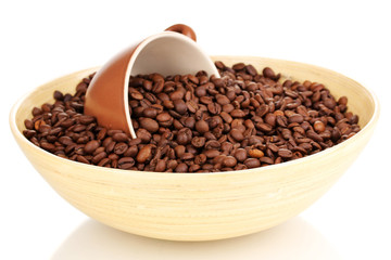 Coffee beans in bamboo bowl with cup isolated on white