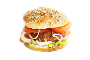 Burger with meat and baked vegetables on a white background