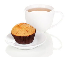 Fresh muffin with tea isolated on white