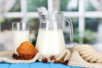 Pitcher and glass of milk with muffins