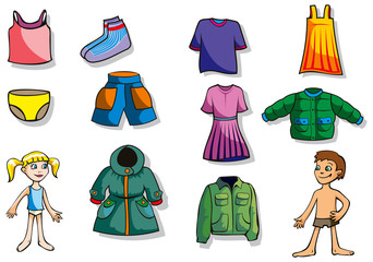 Set of cartoon clothes for girl and boy, vector