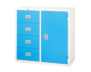 Cabinet in blue color with drawers and shelf isolates