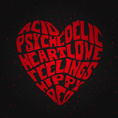 Psychedelic heart on a red drops background (print for t-shirts)
