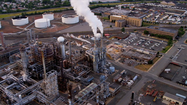 Aerial view of storage tanks and Industrial refinery, USA