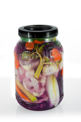 Vegetables in brine preserved for winter isolated in white