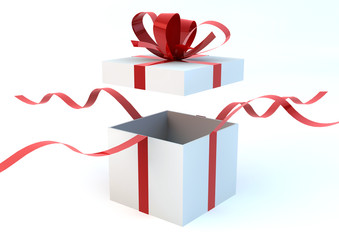 Opened white gift box with red ribbons