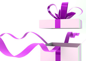 Opened white gift box with purple ribbons