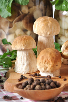 boletus on wooden cutting board, spices, oil and spoon 