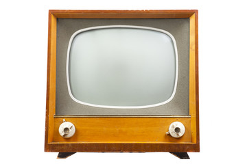 retro tv with wooden case isolated on white background