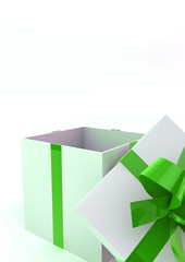 Opened 	white gift box with green ribbons