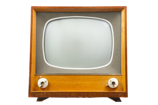 retro tv with wooden case isolated on white background