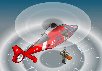 Fotobehang Soldaten isometrische rode helikopter tijdens de vlucht in redding