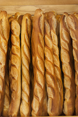 Bread baguettes standing up in a French bakery